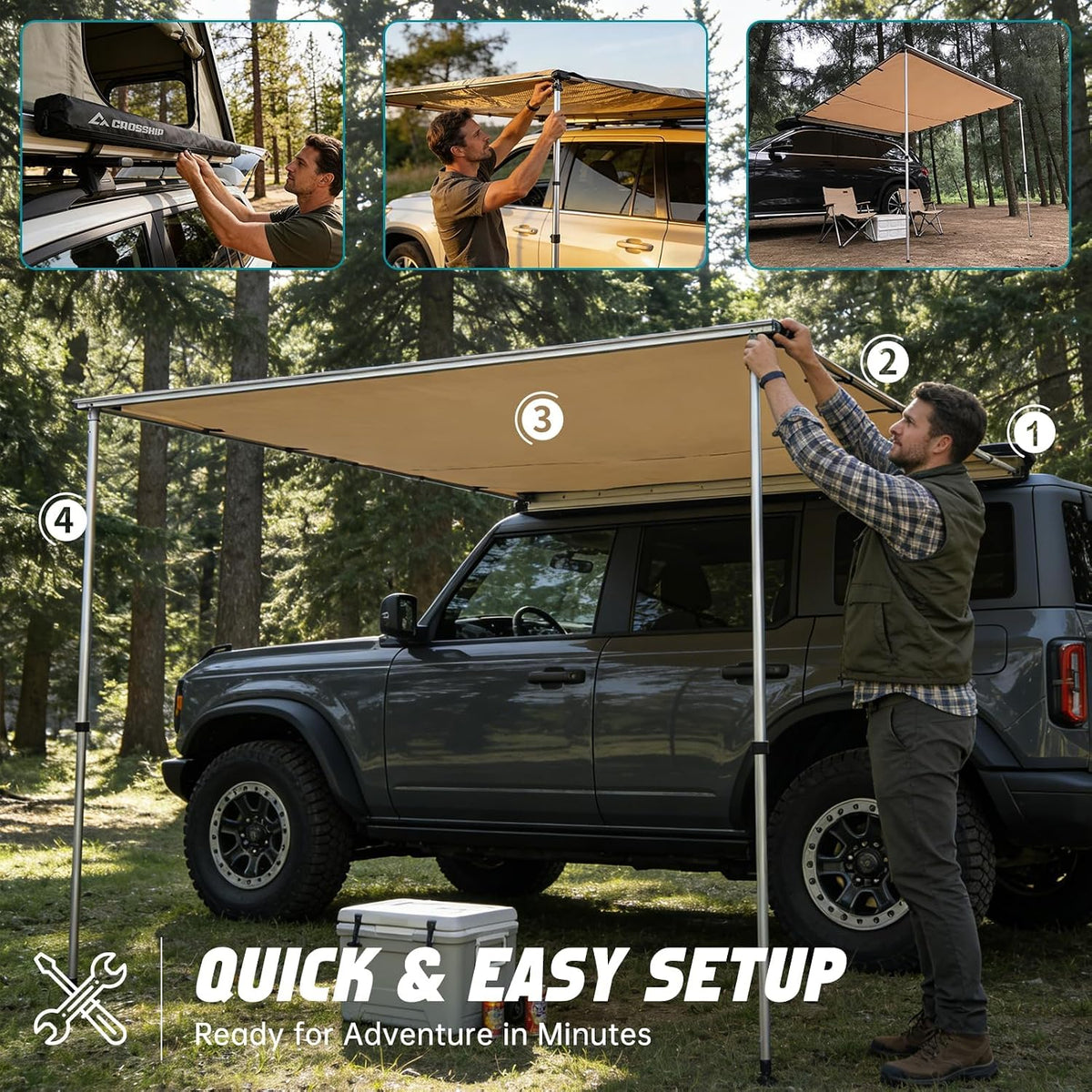 Vehicle Awning 8.2'X10' - Car Awning Roof Rack Pullout Sun Shade | Upgraded Twist-Lock Aluminum Poles, Vehicle 4X4 Side Canopy for SUV Truck Van Overlanding Camping, UV50+ Pu10000Mm Waterproof