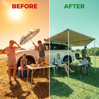 270 Degree Awning, 52 Sq.Ft Driver Side Vehicle Awning, UV50+ Waterproof Car Side Awnings with Carry Bag, All-Weather Overland Awnings Car Shelter for SUV Van Truck Camping — Before & After