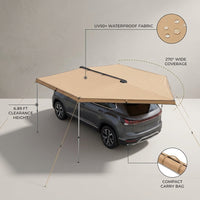 270 Degree Awning, 52 Sq.Ft Driver Side Vehicle Awning, UV50+ Waterproof Car Side Awnings with Carry Bag, All-Weather Overland Awnings Car Shelter for SUV Van Truck Camping — infographic