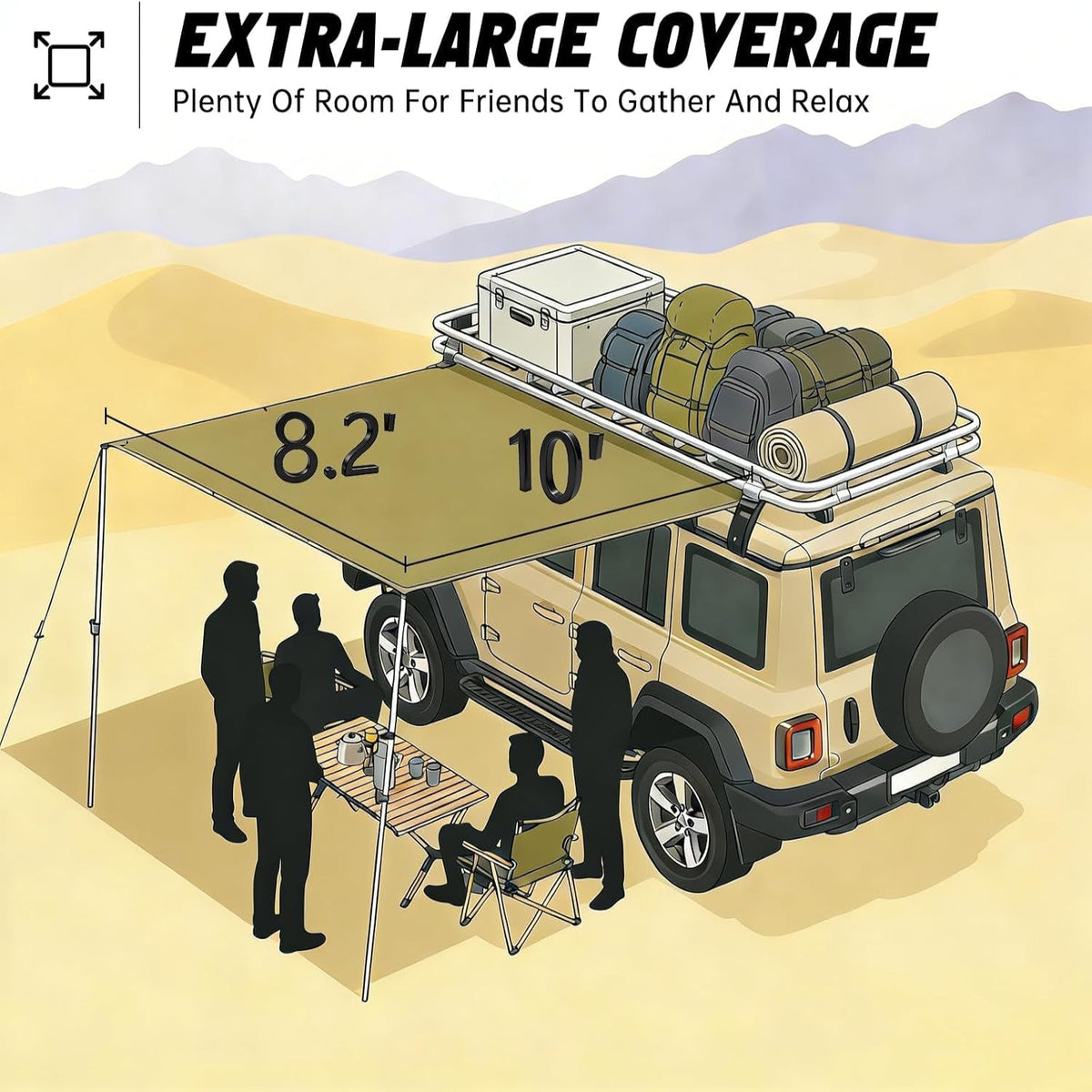 Vehicle Awning 8.2'X10' - Car Awning Roof Rack Pullout Sun Shade | Upgraded Twist-Lock Aluminum Poles, Vehicle 4X4 Side Canopy for SUV Truck Van Overlanding Camping, UV50+ Pu10000Mm Waterproof