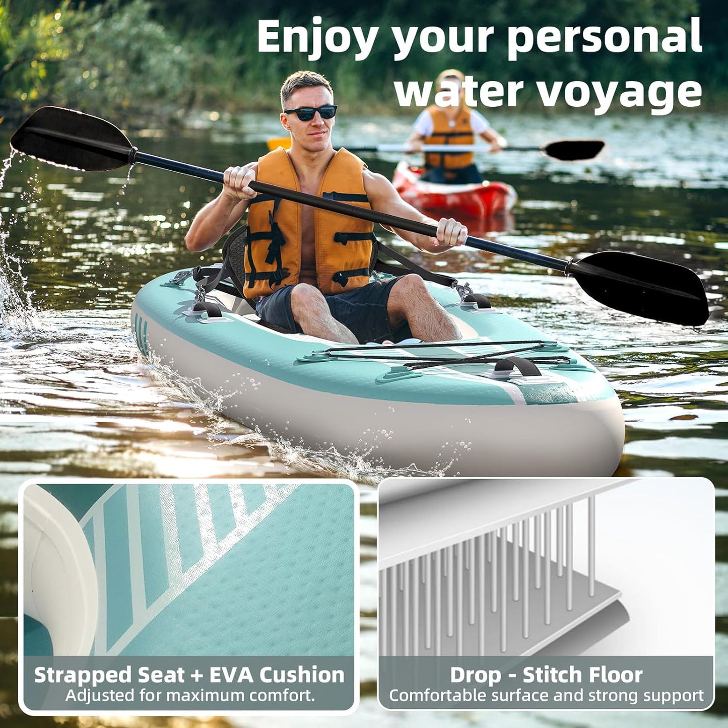 1-Person Inflatable Kayak with Drop-Stitch Floor, Lightweight, Portable, Durable Solo Kayak for Fishing, Touring, and Recreational Paddling, Blue (HIN Included)