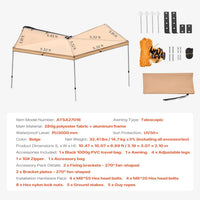 270 Degree Awning, 52 Sq.Ft Driver Side Vehicle Awning, UV50+ Waterproof Car Side Awnings with Carry Bag, All-Weather Overland Awnings Car Shelter for SUV Van Truck Camping