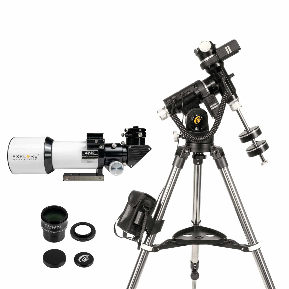 ED80 Essential Series Air-Spaced Triplet Refractor Telescope with 0.8x Focal Reducer and iEXOS-100-2 PMC-Eight Equatorial Tracker System