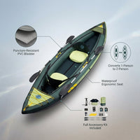 Inflatable Touring Kayak 1-Person & 2-Person with Waterproof Seat & Full Accessory Kit, Lightweight Recreational Kayak for Lake, River & Fishing — infographic