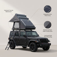 Rooftop Tent Hard Shell,Solar Panel Roof Top Tent Hardshell, Pop up Rooftop Camping for Jeep Truck Car SUV Van Wrangler. — infographic