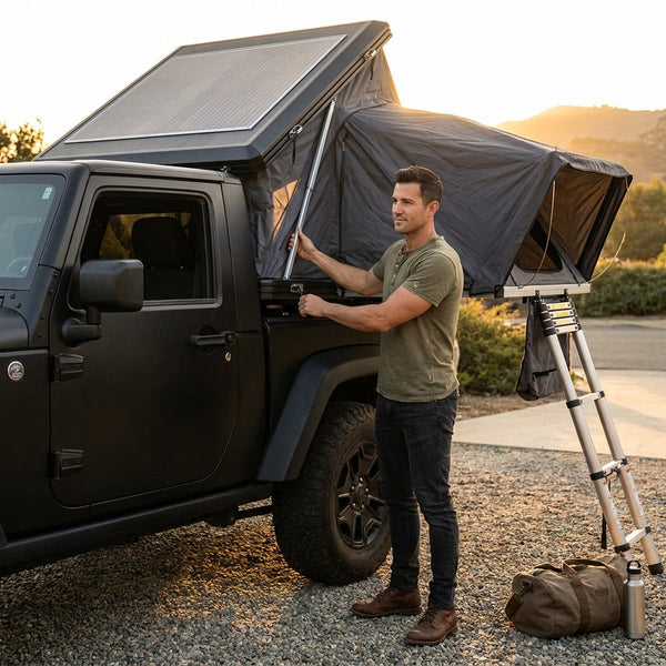Rooftop Tent Designed for Adventure Camping, Hard Shell Aluminum, Solar Panel Roof, Pop-Up Quick Setup
