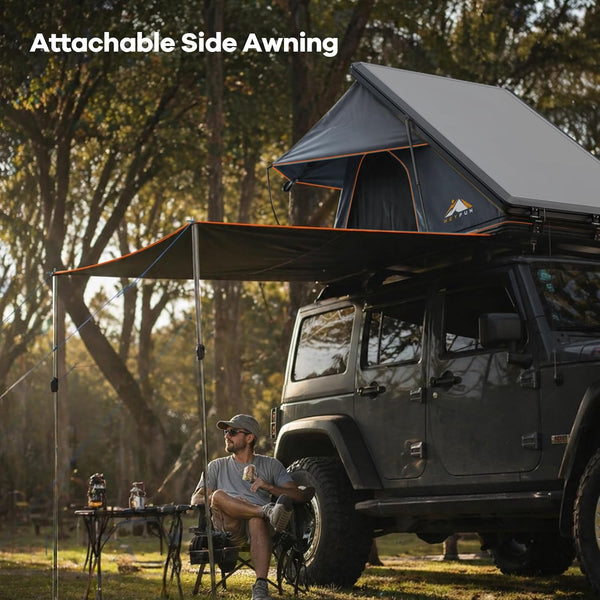 Adventurer Pro Rooftop Tent Hard Shell with Side Awning&Led Light Strip, 2-3 Person Roof Top Tent for 4 Season Camping, Aluminum Pop up Roof Tent for Truck Jeep SUV Van Trailer