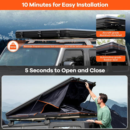 Adventurer Pro Rooftop Tent Hard Shell with Side Awning&Led Light Strip, 2-3 Person Roof Top Tent for 4 Season Camping, Aluminum Pop up Roof Tent for Truck Jeep SUV Van Trailer